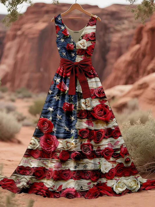 Retro American Flag Boho Floral Art Print V-cuello sin mangas de algodón Maxi vestido
