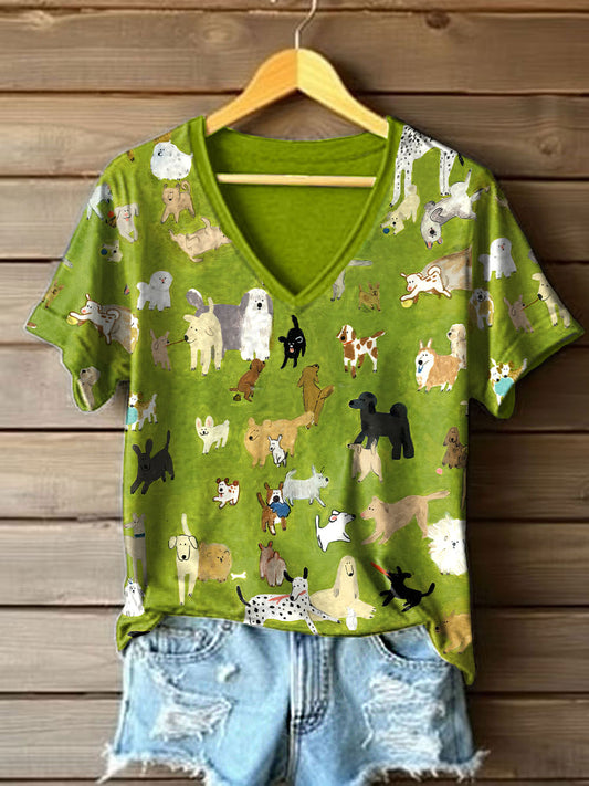 Camiseta linda del cuello en V de la impresión del arte de la pintura al óleo del perro de las mujeres