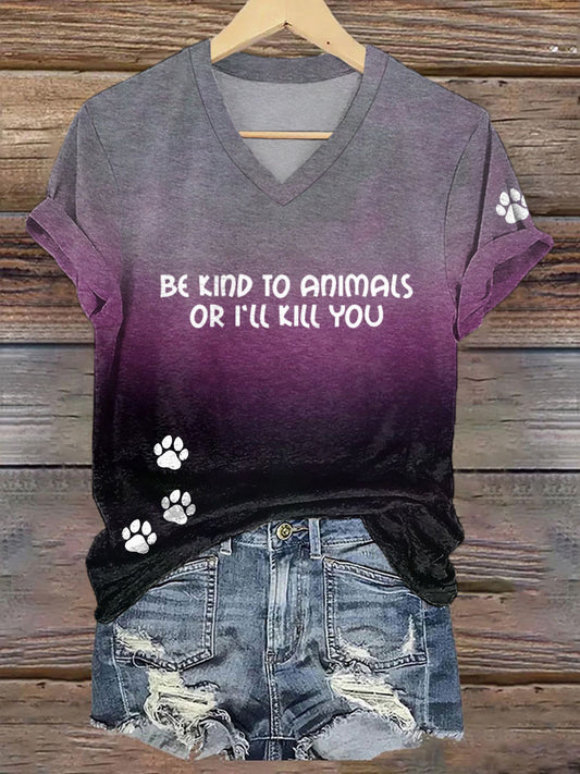 Camiseta de mujer con cuello en v be amables to animals or I'll kill