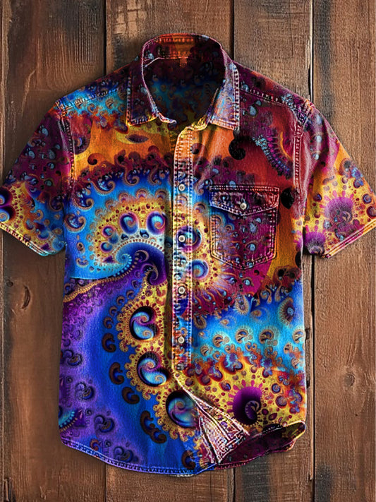 Unisex Hombres Vintage Western Hippie Colorido Mandala Arte Abstracto Imprimir Casual Bolsillo de Manga Corta Camisa