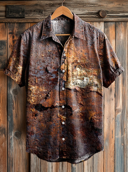 Camisa de bolsillo de manga corta casual con estampado de óxido vintage para hombres