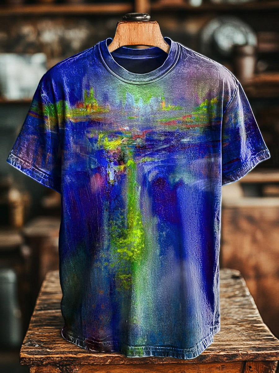 Unisex vintage abstracto cascada pintura impresión casual camiseta suelta