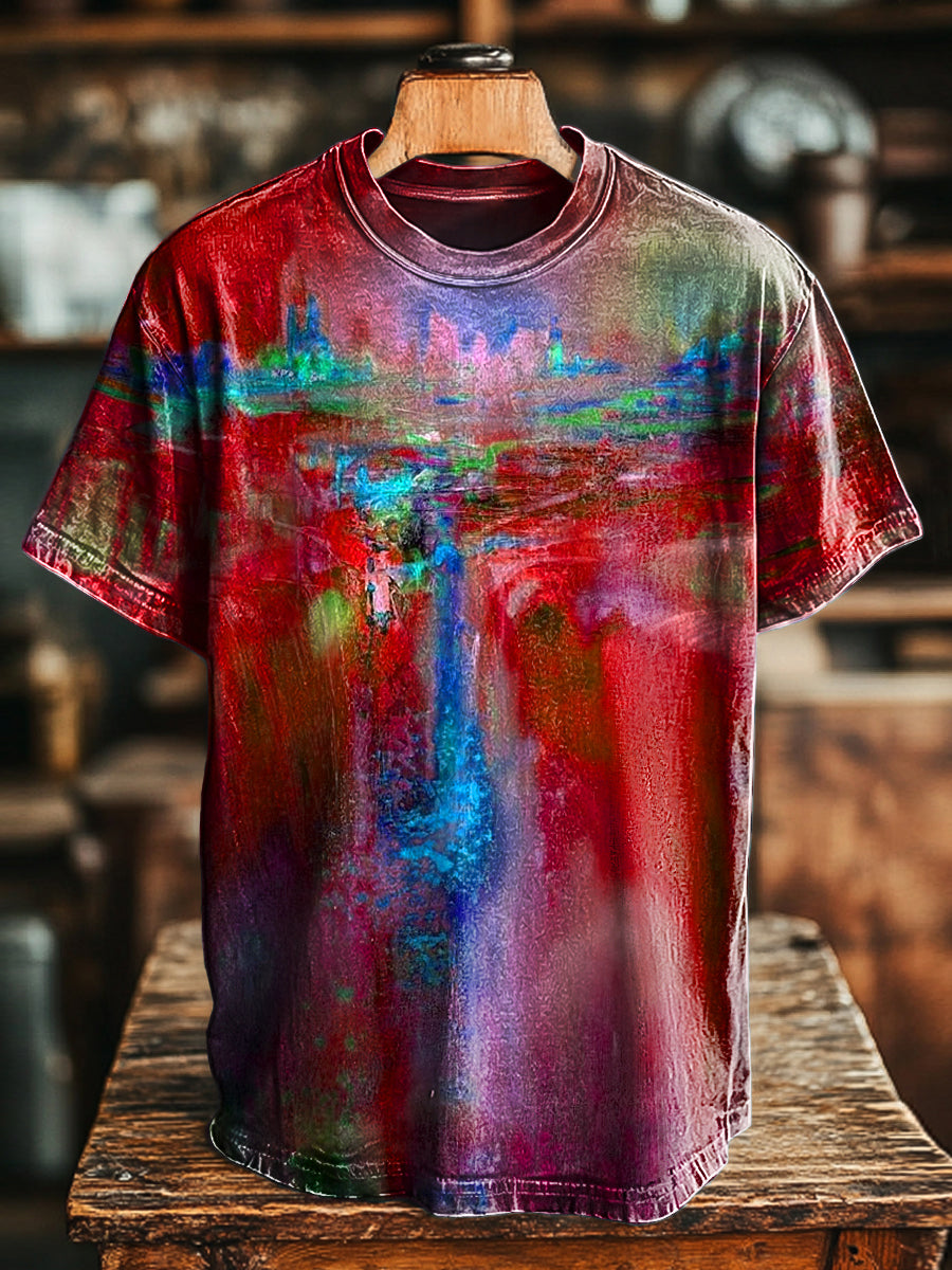 Unisex vintage abstracto cascada pintura impresión casual camiseta suelta