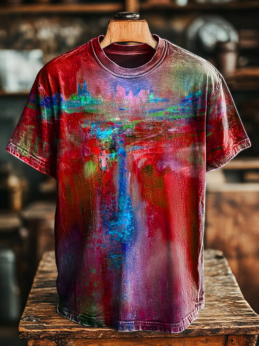 Unisex vintage abstracto cascada pintura impresión casual camiseta suelta
