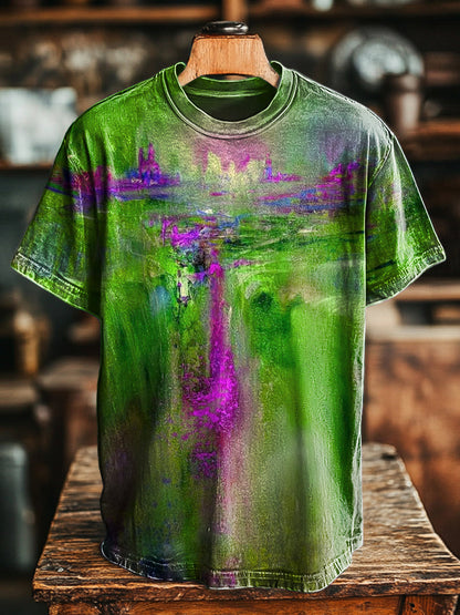 Unisex vintage abstracto cascada pintura impresión casual camiseta suelta