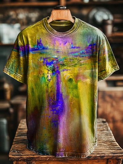 Unisex vintage abstracto cascada pintura impresión casual camiseta suelta