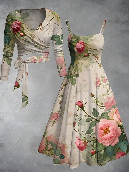 Vintage estampado floral con cuello en V elegante vestido de manga larga de dos piezas de Midi