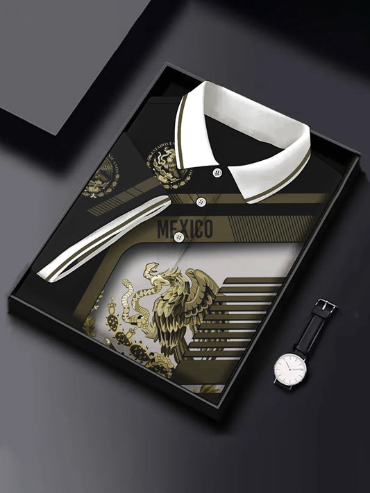 Camisa casual deportiva de manga corta con diseño azteca de cultura mexicana para hombre