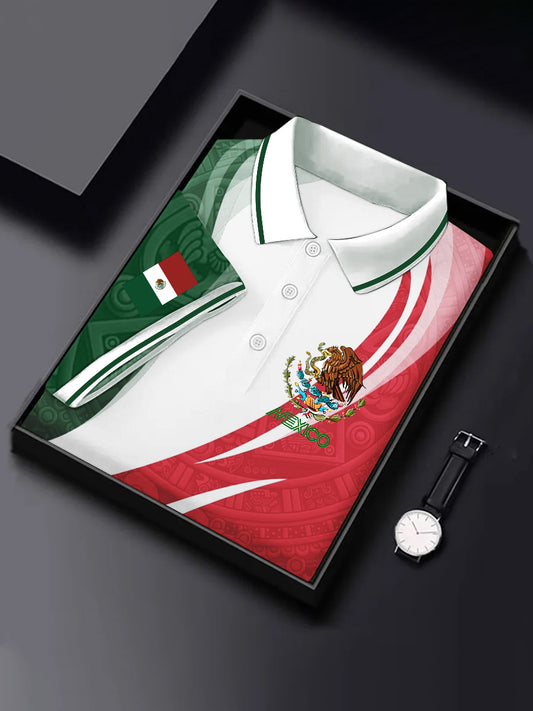 Camisa casual deportiva de manga corta con diseño azteca de cultura mexicana para hombre
