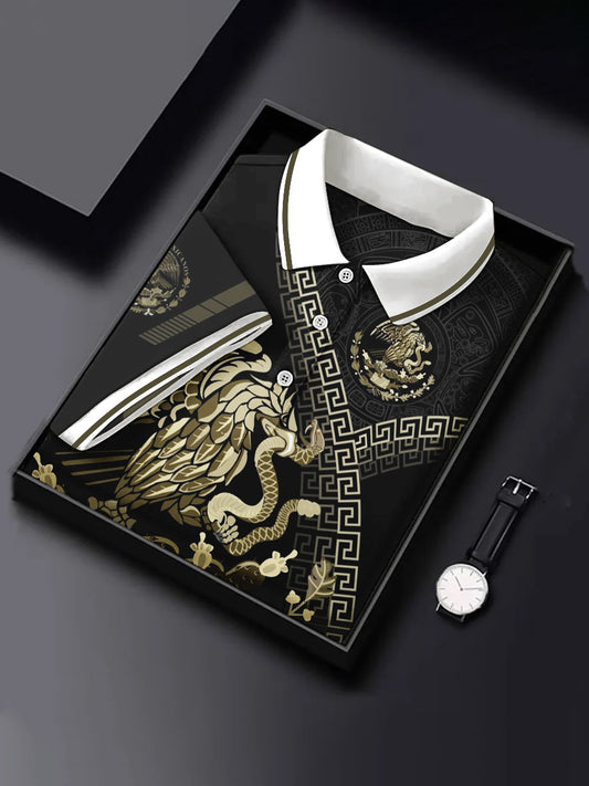 Camisa casual deportiva de manga corta con diseño azteca de cultura mexicana para hombre