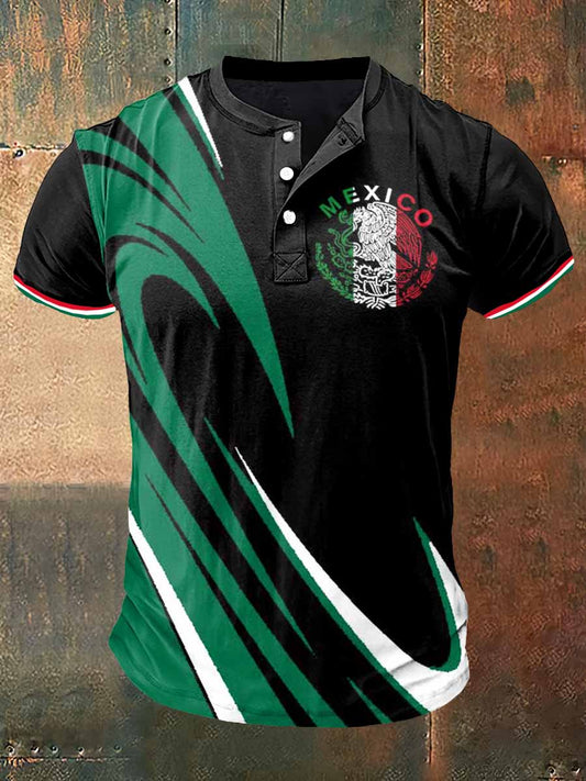 Camiseta de cuello Henley de manga corta con estampado de México para hombre