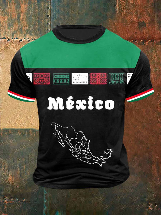 Camiseta de manga corta de moda vintage con estampado de mapa de México para hombre