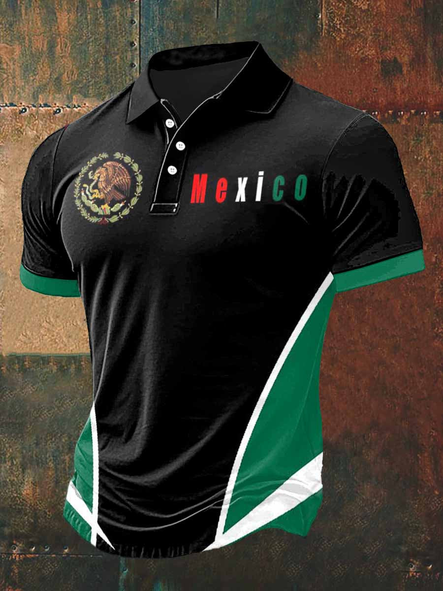 Camiseta de manga corta estampada México colorido Polo cuello émbolo de los hombres