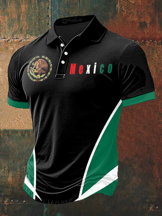 Camiseta de manga corta estampada México colorido Polo cuello émbolo de los hombres