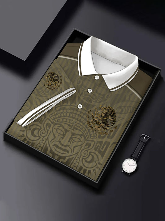 Camisa casual deportiva de manga corta con diseño azteca de cultura mexicana para hombre