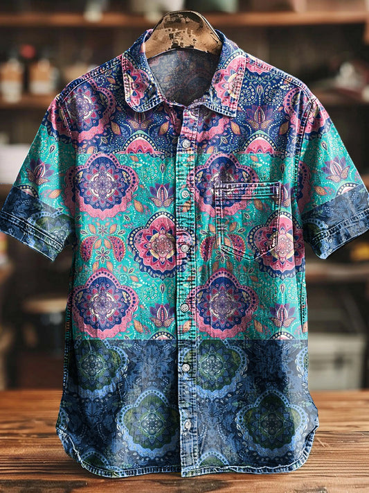 Vintage Multicolor Abstracto Étnico Floral Art Print Casual Camisa