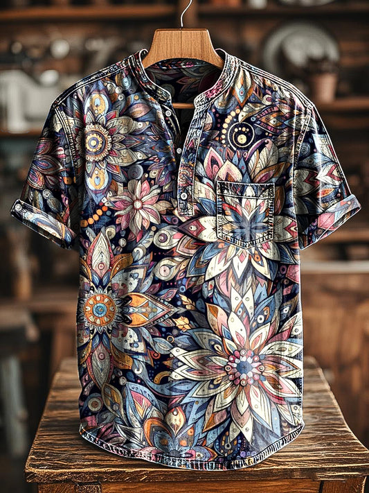 Camiseta Henley casual con estampado de arte floral abstracto vintage