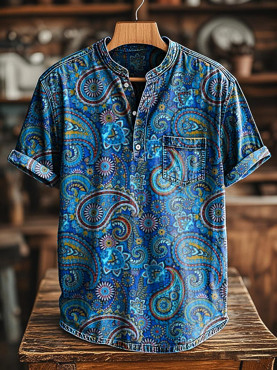 Vintage Paisley Floral Art Print Casual Henley Camiseta