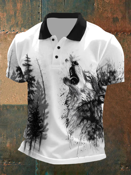 Tops casuales con estampado de lobo para hombre