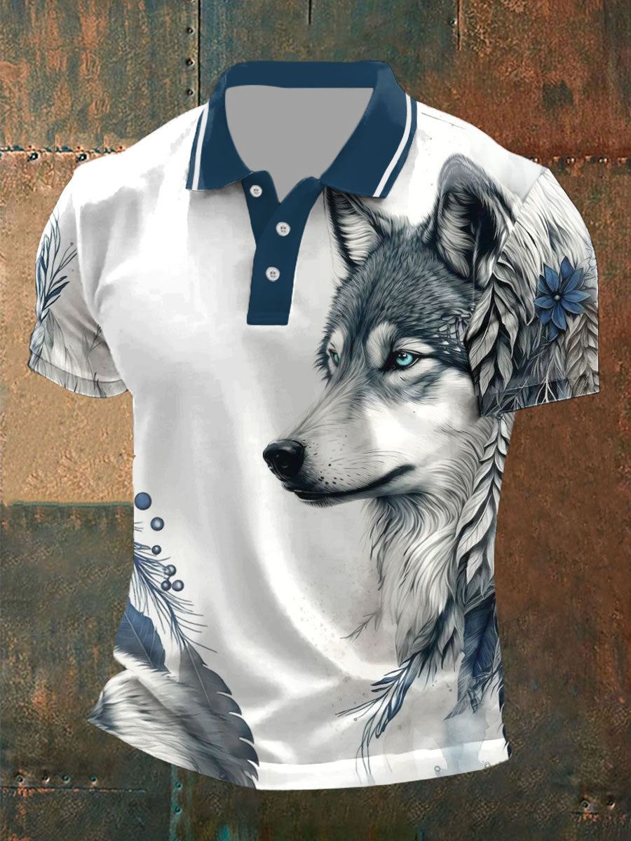 Tops casuales con estampado de lobo para hombre