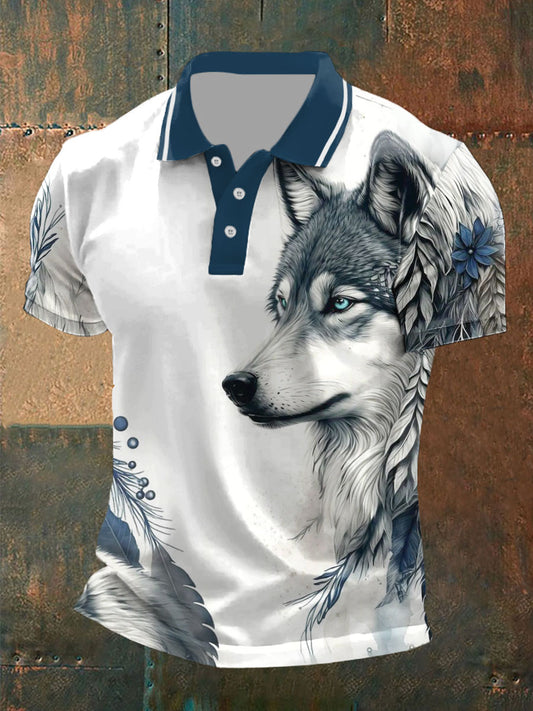 Tops casuales con estampado de lobo para hombre