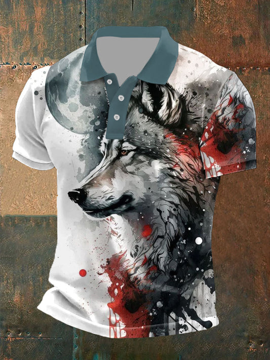 Tops casuales con estampado de lobo para hombre