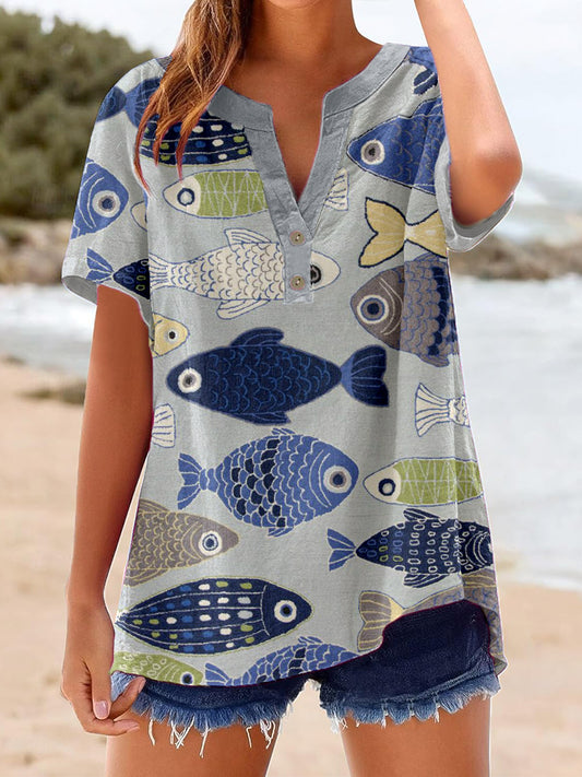 Camisa de lino con estampado de pescado vintage para mujer