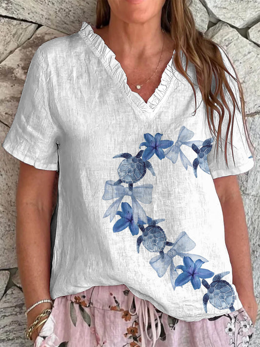 Mujer Sea Turtle Print V-Neck Top