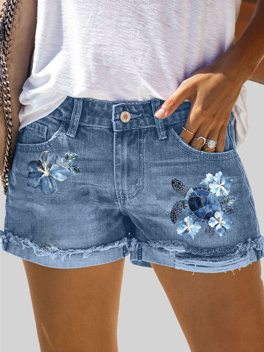 Pantalones cortos de mezclilla de hawaiano Turtle Hibiscus para mujer