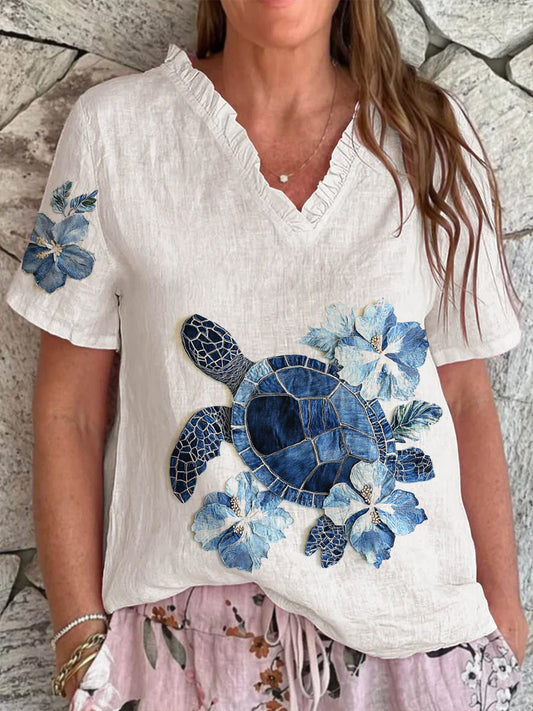 Camiseta de algodón y lino de flor de hibisco de tortuga marina hawaiana para mujer