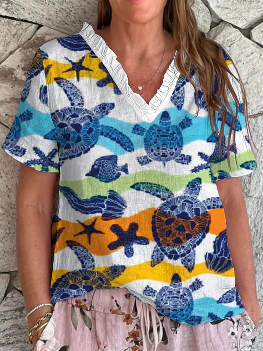 Mujer Sea Turtle Print V-Neck Top