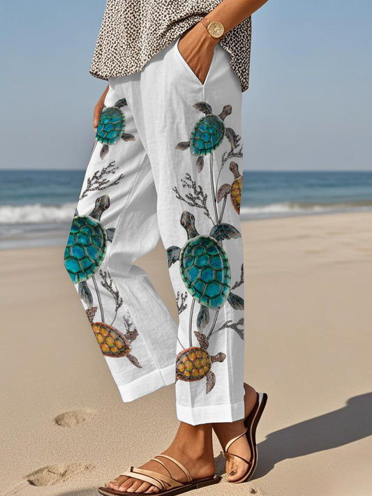 Pantalones de nueve minutos de lino de algodón con estampado de tortuga marina para mujer