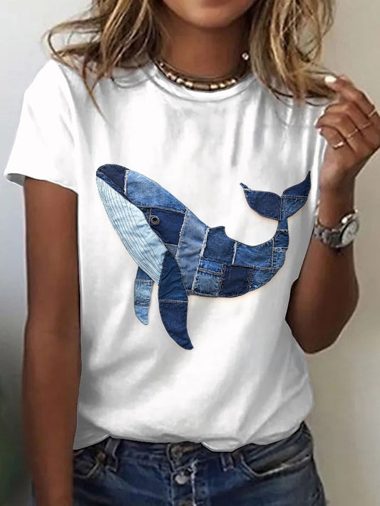 Camiseta de mujer Vintage Whale Pattern Patchwork Art