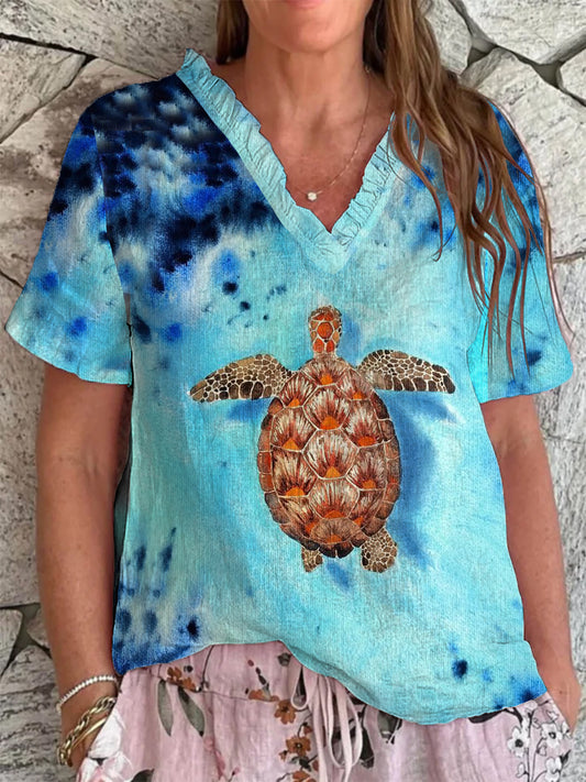 Mujer Sea Turtle Print V-Neck Top