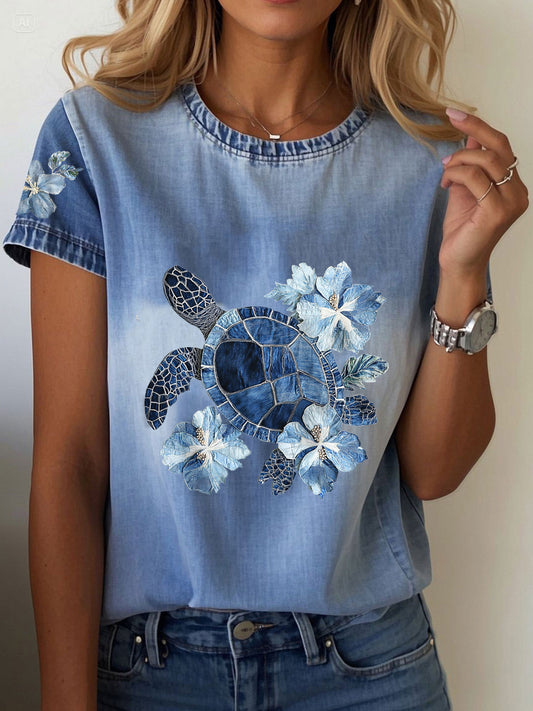 Camiseta de la tortuga del dril de algodón de las mujeres