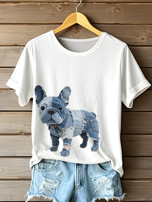Camiseta encantadora del arte del remiendo del patrón del bulldog de las mujeres