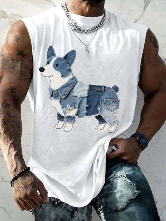 Encantador Corgi Pattern Patchwork Art Tank Top de los hombres