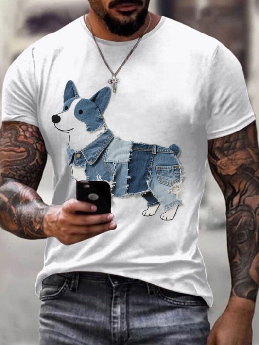 Camiseta encantadora del arte del remiendo del patrón del Corgi de los hombres