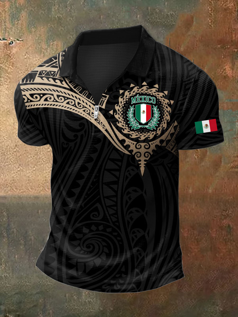Camiseta mexicana de manga corta con cuello de flores para hombre