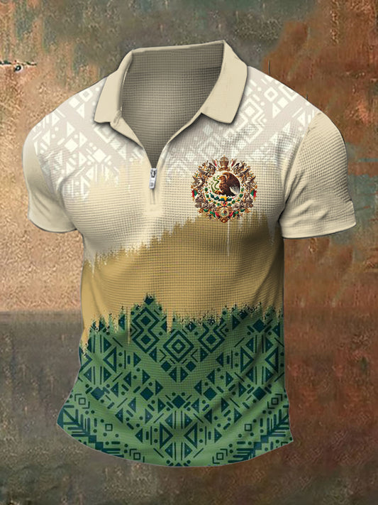 Hombres Polo Cuello Mexicano Impreso Waffle Camiseta