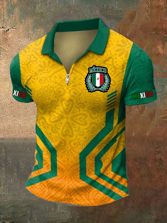 Hombres Polo Cuello Mexicano Impreso Waffle Camiseta
