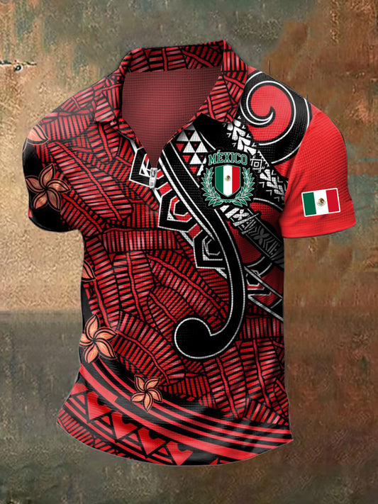 Camiseta mexicana de manga corta con cuello de flores para hombre
