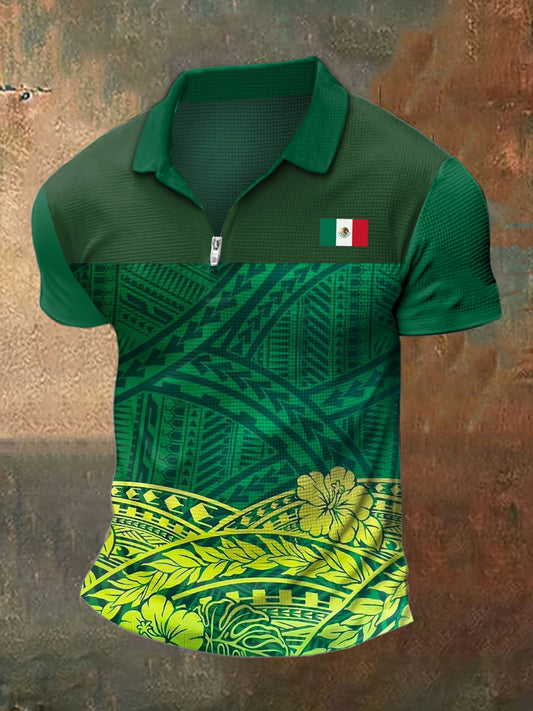 Hombres Polo Cuello Mexicano Impreso Waffle Camiseta