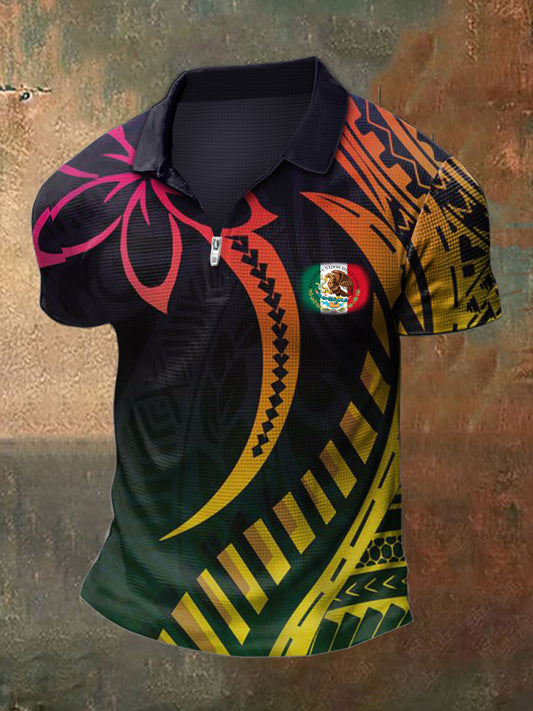 Camiseta mexicana de manga corta con cuello de flores para hombre