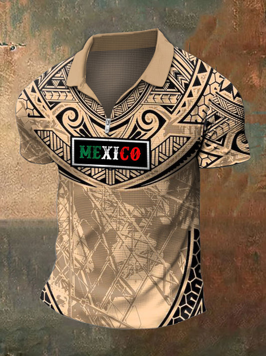 Hombres Polo Cuello Mexicano Impreso Waffle Camiseta