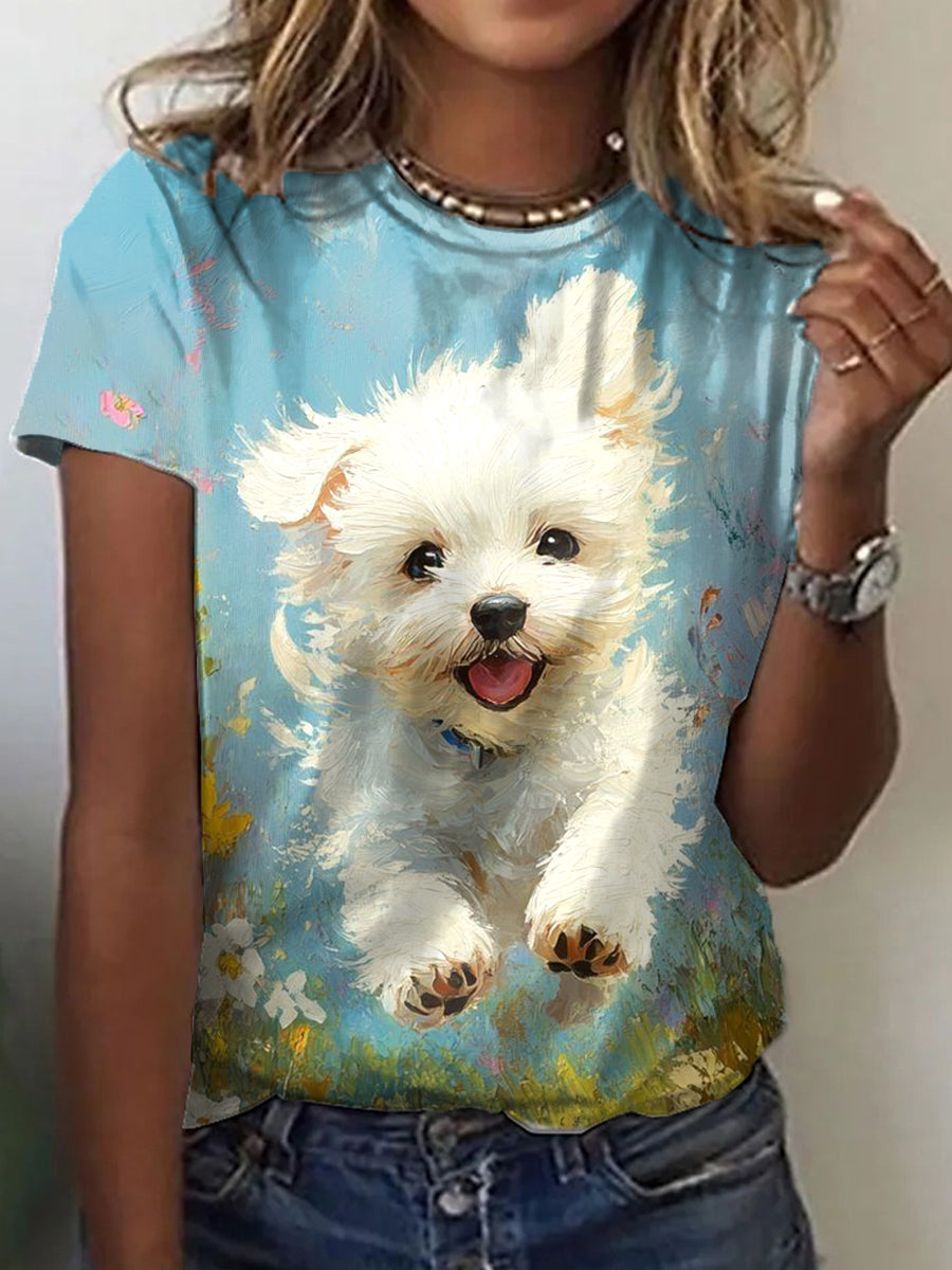Camiseta de la impresión del arte de la pintura al óleo del perro de las mujeres