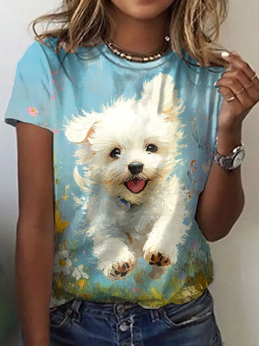 Camiseta de la impresión del arte de la pintura al óleo del perro de las mujeres