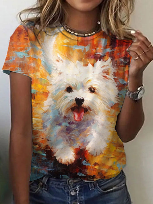 Camiseta de la vendimia de la impresión del arte de la pintura al óleo del perro de las mujeres