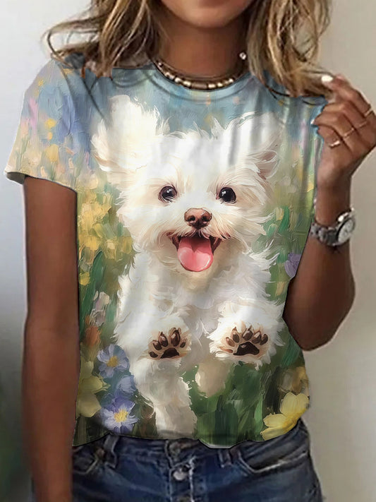 Camiseta de la impresión del arte de la pintura al óleo del perro de las mujeres