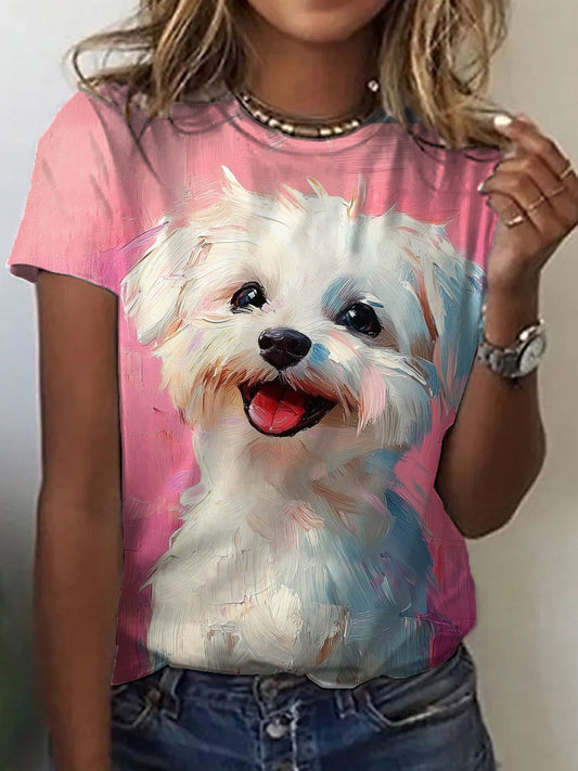 Camiseta linda de la impresión del arte de la pintura al óleo del perro de las mujeres